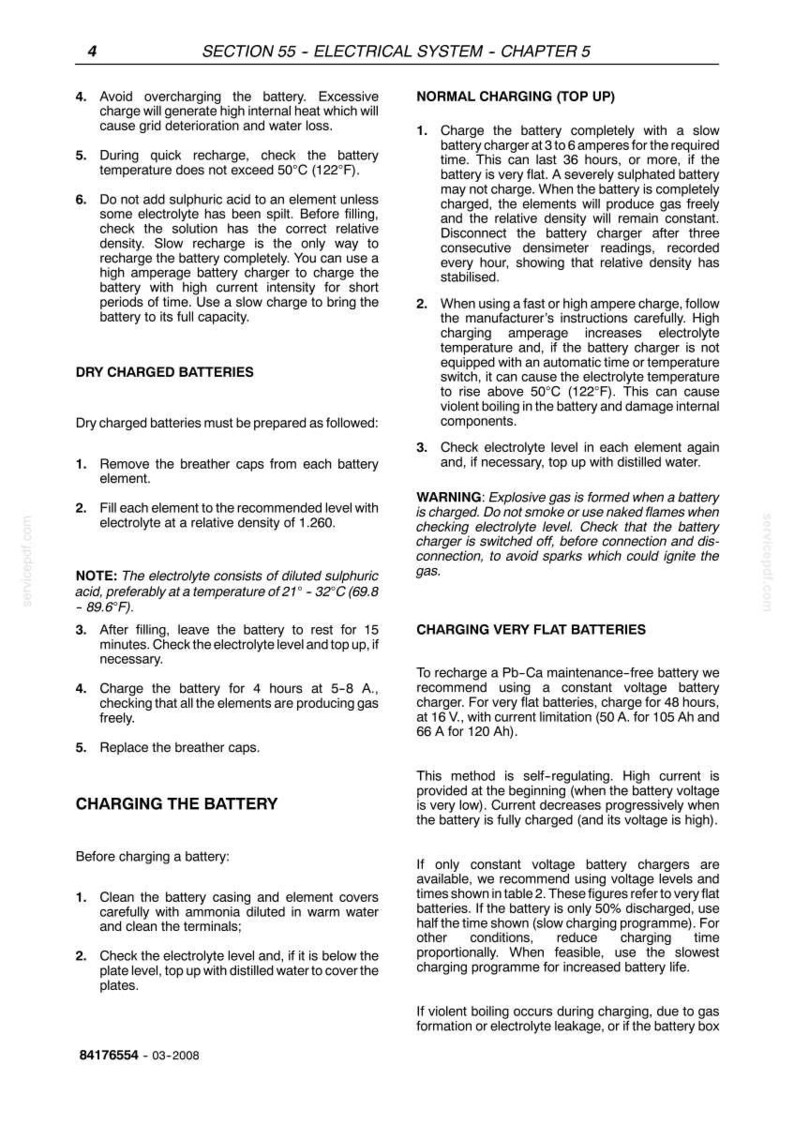May include: A page from a manual detailing battery charging procedures. Instructions include normal charging, charging very flat batteries, and safety warnings. Text includes temperature specifications in Fahrenheit and amperage details.