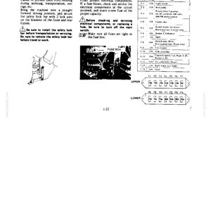 May include: A technical manual page labeled 1-22 detailing a safety lock bar and fuse box. It includes diagrams of the lock bar, a photograph of the fuse box, and a table titled Fuse Capacities and Applications listing various electrical components.