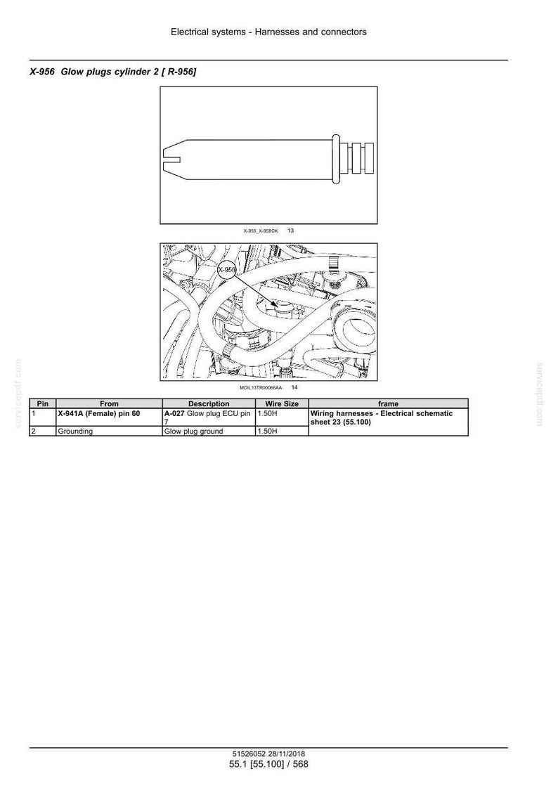 May include: Diagram of an electrical system component, labeled X-956 Glow plugs cylinder 2. The image includes a schematic of the glow plug and a diagram of the wiring harness. Text includes pin numbers, descriptions, and wire sizes.