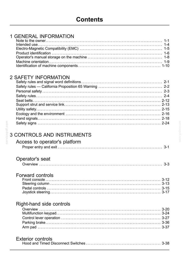 May include: A page from a manual titled "Contents" with sections on general and safety information, controls, and instruments. The text includes topics like safety rules, operator's seat, and forward controls. The page is white with black text.