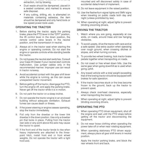 May include: A page from a manual with safety instructions for operating a tractor. The text covers topics like general information, operating the tractor, driving the tractor, and operating the PTO. The page is white with black text.