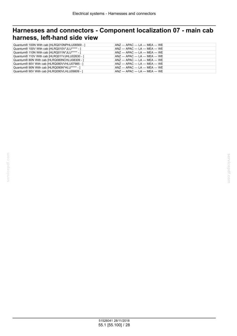 May include: Diagram of electrical harnesses and connectors, detailing component localization on the main cab. Includes a table with Quantum model numbers and associated codes. The image is a technical document.