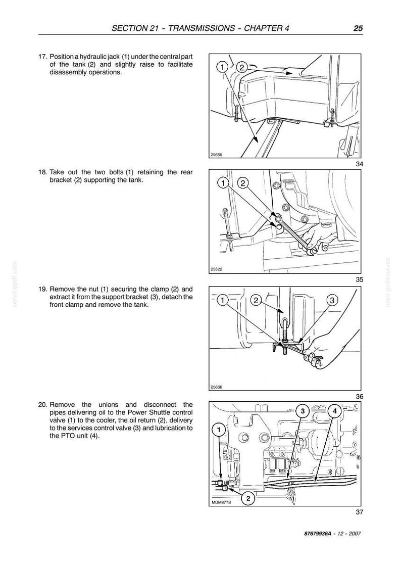 Puede incluir: Diagramas t&eacute;cnicos de un manual que muestran los pasos para el desmontaje de la transmisi&oacute;n. Las ilustraciones presentan componentes numerados, como pernos y v&aacute;lvulas, con instrucciones de texto. El n&uacute;mero de p&aacute;gina es 25.
