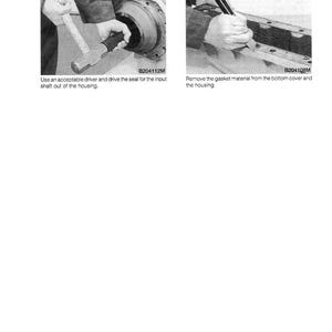 May include: Two-panel image from a manual showing mechanical repair steps. Step 32 shows a person using a driver to remove a seal. Step 33 shows a person removing gasket material. Text includes "Use an acceptable driver" and "Remove the gasket material."