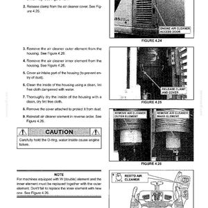 May include: A technical manual page titled Section IV - MAINTENANCE, E. AIR CLEANER, featuring instructions for engine air cleaner access, clamp release, and element removal. Includes figures 4.24, 4.25, 4.26, and 4.27 showing machine components.