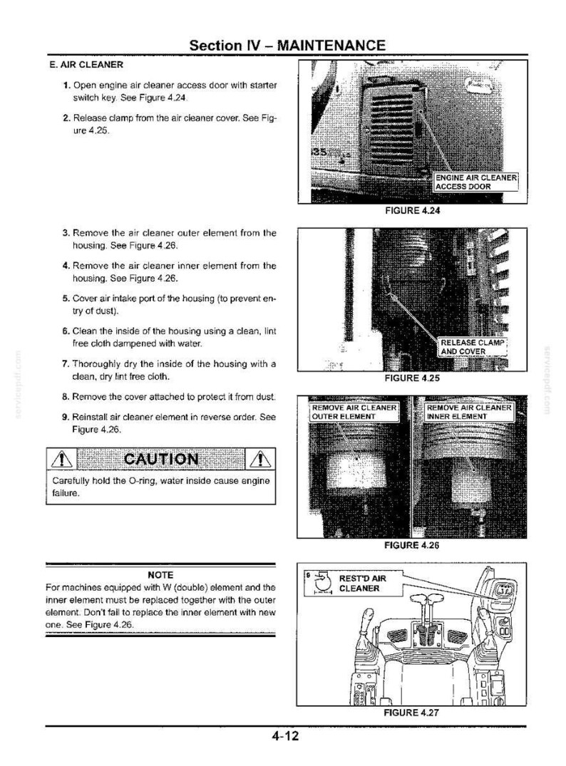 May include: A technical manual page titled Section IV - MAINTENANCE, E. AIR CLEANER, featuring instructions for engine air cleaner access, clamp release, and element removal. Includes figures 4.24, 4.25, 4.26, and 4.27 showing machine components.