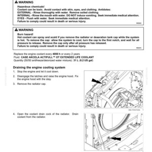 May include: A page from a maintenance manual detailing engine coolant procedures. The text includes warnings about hazardous chemicals and burn hazards. Diagrams show the radiator and coolant drain cock. The fluid quantity is 31 L (8.2 US gal).