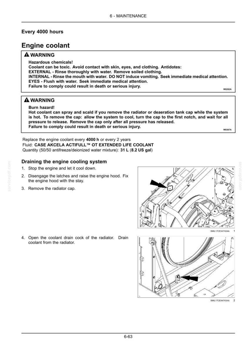 May include: A page from a maintenance manual detailing engine coolant procedures. The text includes warnings about hazardous chemicals and burn hazards. Diagrams show the radiator and coolant drain cock. The fluid quantity is 31 L (8.2 US gal).