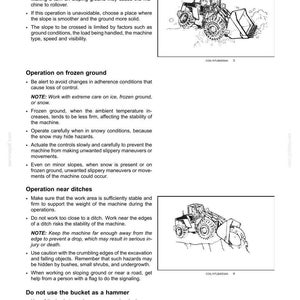 May include: A page of safety information titled 2-SAFETY INFORMATION containing text instructions and two black and white line art illustrations of a construction loader operating on sloped terrain and near a ditch with reference codes.