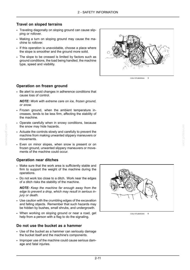 May include: A page of safety information titled 2-SAFETY INFORMATION containing text instructions and two black and white line art illustrations of a construction loader operating on sloped terrain and near a ditch with reference codes.