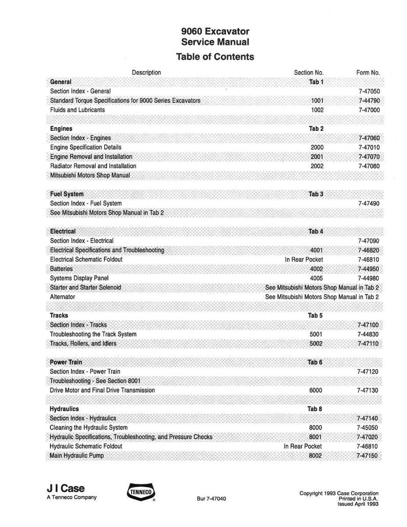 K&ouml;nnte beinhalten: Eine Seite aus dem 9060 Excavator Service Manual mit einem Inhaltsverzeichnis. Das Dokument listet Abschnitte wie Motoren, Kraftstoffsystem, Elektrik und Hydraulik mit den entsprechenden Abschnitts- und Formularnummern auf. Die Logos von JI Case und Tenneco sind sichtbar.