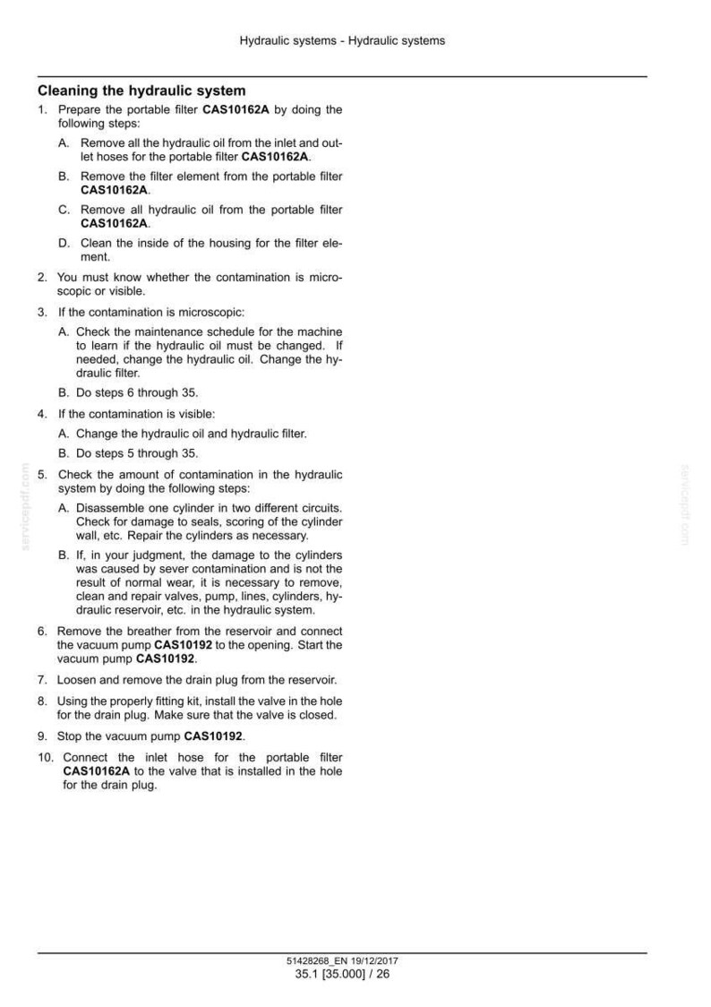 May include: A page from a manual detailing the steps for cleaning a hydraulic system. The text includes instructions for removing oil, checking contamination, and replacing filters. The document is labeled "Hydraulic systems - Hydraulic systems."