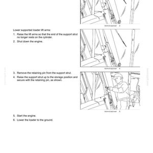 May include: A technical manual page titled 2-SAFETY INFORMATION featuring black and white line drawings of loader lift arms and a support strut. The text provides instructions for lowering and securing the lift arms, including numbered steps and diagrams.