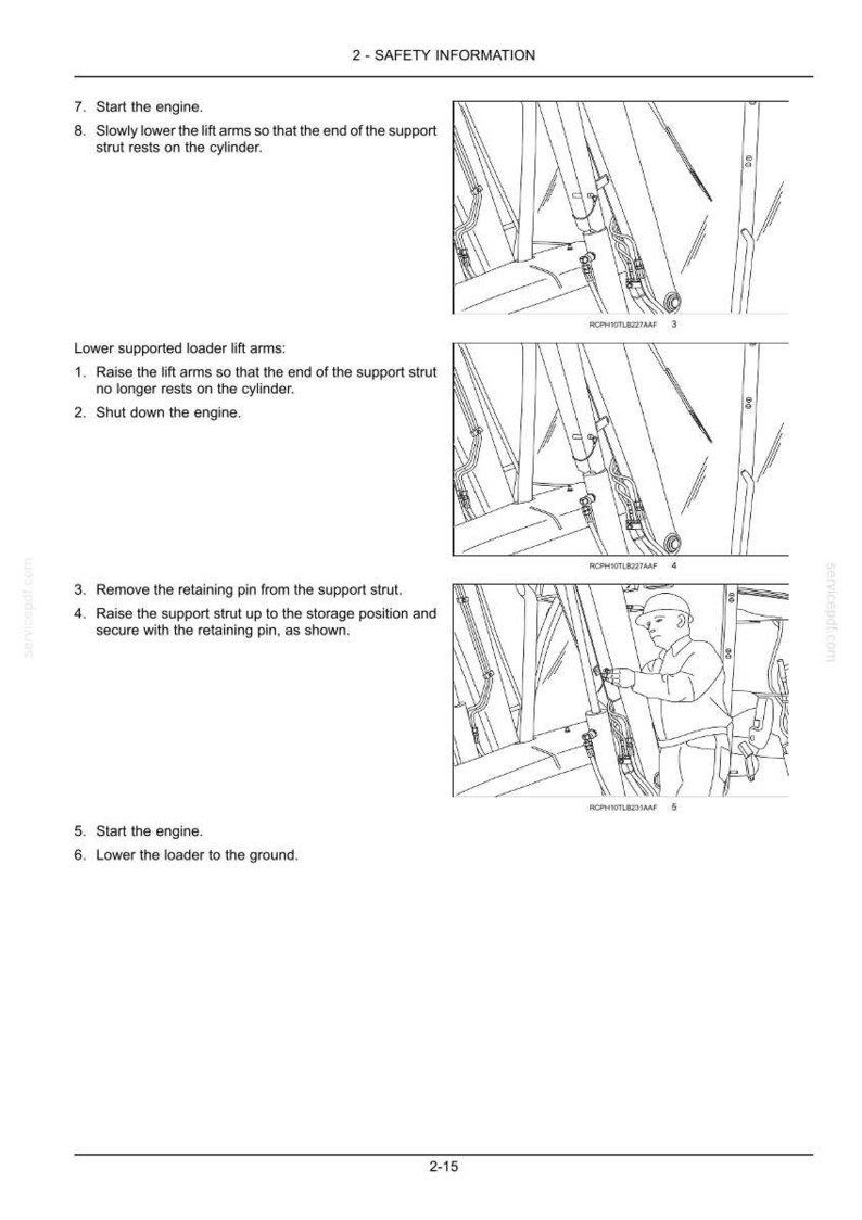 May include: A technical manual page titled 2-SAFETY INFORMATION featuring black and white line drawings of loader lift arms and a support strut. The text provides instructions for lowering and securing the lift arms, including numbered steps and diagrams.
