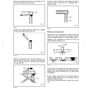 May include: Diagrams illustrating repair welding techniques, including flame-cutting and welding on backing strips. The image shows cross-sectional views of metal components with labels and measurements, detailing the process for joining metal parts.