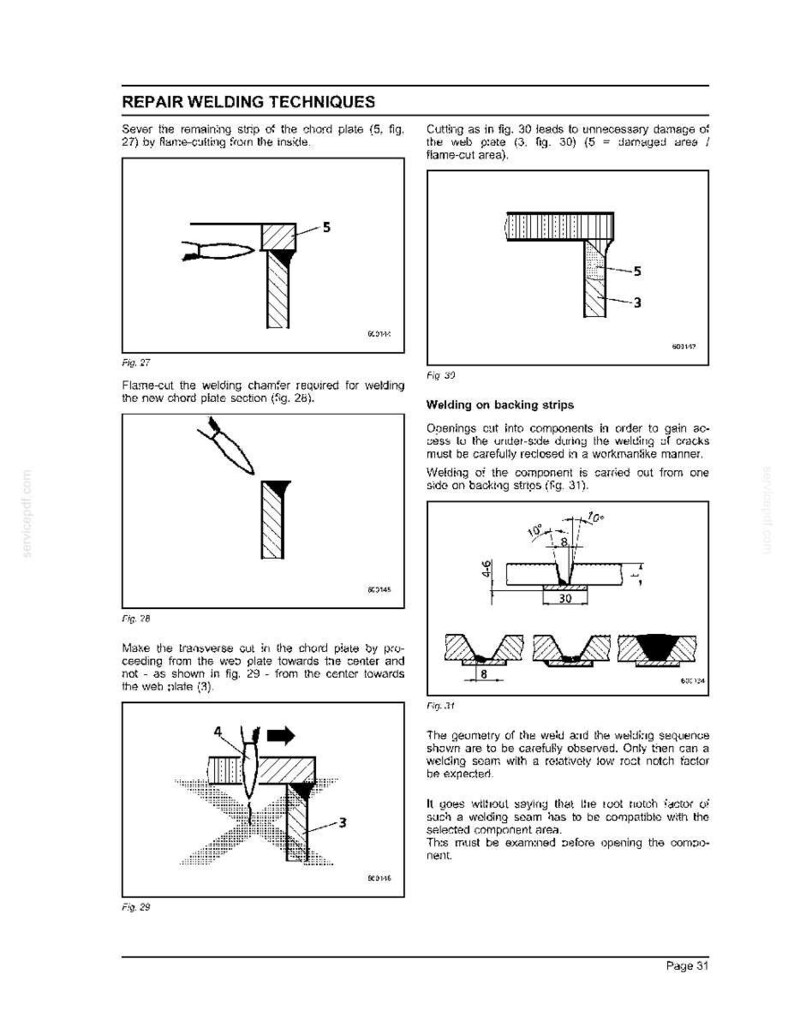 May include: Diagrams illustrating repair welding techniques, including flame-cutting and welding on backing strips. The image shows cross-sectional views of metal components with labels and measurements, detailing the process for joining metal parts.