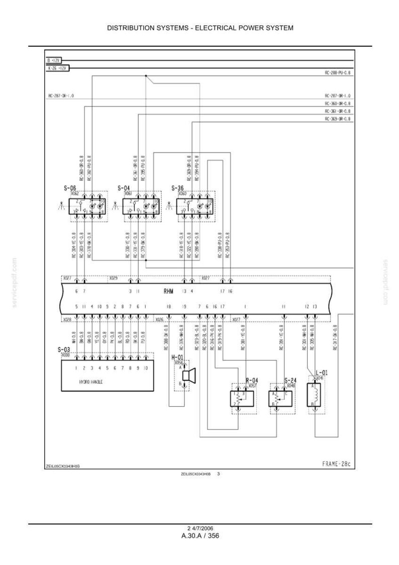 May include: Diagram of an electrical power distribution system, with labeled components and wiring. The diagram includes text labels such as "S-06", "RHM", and "FRAME-28c". The diagram is on a white background.