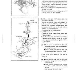 May include: A technical manual page featuring line drawings of hydraulic components and a fuel pump system. The text provides instructions for checking hydraulic systems and the procedure for filling fuel using a 15A fuse-protected pump system.