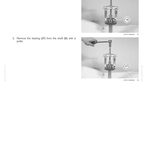 May include: Diagram illustrating the disassembly of a shaft, featuring a puller tool removing bearings labeled 16 and 37. The image includes text detailing the process and is a technical illustration of mechanical components.
