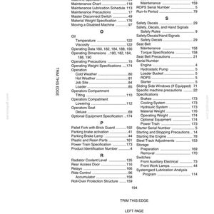 May include: A page from a manual with a table of contents. The table is organized alphabetically, listing topics like "Machine Components," "Safety Decals," and "Power Train Specification."