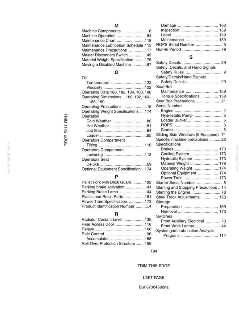 May include: A page from a manual with a table of contents. The table is organized alphabetically, listing topics like "Machine Components," "Safety Decals," and "Power Train Specification."