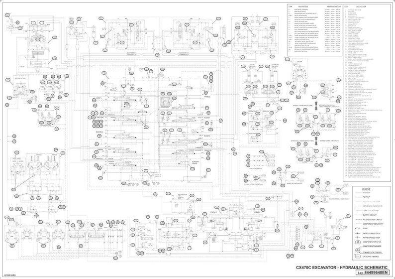 May include: A detailed hydraulic schematic diagram for a CX470C excavator. The diagram is in black and white, showing various components and connections with labels. The text "CX470C EXCAVATOR - HYDRAULIC SCHEMATIC" is visible at the bottom.