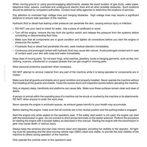 Puede incluir: Un documento en blanco y negro titulado 2-SAFETY INFORMATION que contiene una lista de directrices de seguridad para operar maquinaria. El texto describe precauciones sobre pasajeros, l&iacute;neas de servicios p&uacute;blicos, fluidos hidr&aacute;ulicos y el funcionamiento del motor.
