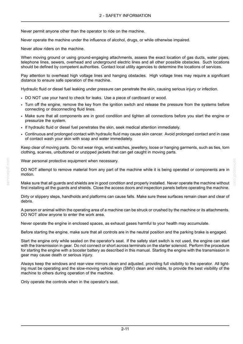 Puede incluir: Un documento en blanco y negro titulado 2-SAFETY INFORMATION que contiene una lista de directrices de seguridad para operar maquinaria. El texto describe precauciones sobre pasajeros, l&iacute;neas de servicios p&uacute;blicos, fluidos hidr&aacute;ulicos y el funcionamiento del motor.