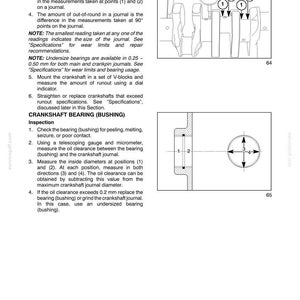 May include: Page from a manual detailing engine crankshaft inspection. Includes diagrams with numbered points and instructions for measuring runout, taper, and oil clearance. Text includes "CRANKSHAFT BEARING (BUSHING)" and measurement specifications.