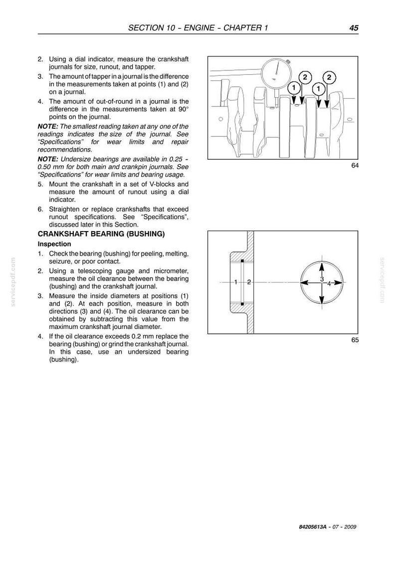 May include: Page from a manual detailing engine crankshaft inspection. Includes diagrams with numbered points and instructions for measuring runout, taper, and oil clearance. Text includes "CRANKSHAFT BEARING (BUSHING)" and measurement specifications.