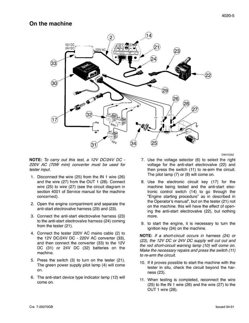 May include: Diagram of a machine's electrical components, including wires, connectors, and a converter. The diagram includes labels and numbers for each component, with text instructions for testing and maintenance.