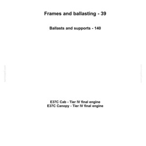 Może przedstawiać: Biały dokument z logo "NEW HOLLAND CONSTRUCTION". Tekst zawiera "Frames and ballasting - 39", "Ballasts and supports - 140" oraz szczeg&oacute;ły dotyczące silnik&oacute;w E37C Cab i Canopy.