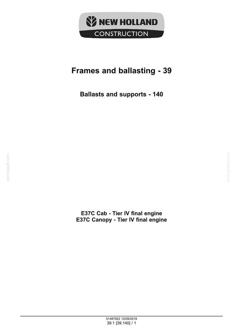 Może przedstawiać: Biały dokument z logo "NEW HOLLAND CONSTRUCTION". Tekst zawiera "Frames and ballasting - 39", "Ballasts and supports - 140" oraz szczeg&oacute;ły dotyczące silnik&oacute;w E37C Cab i Canopy.