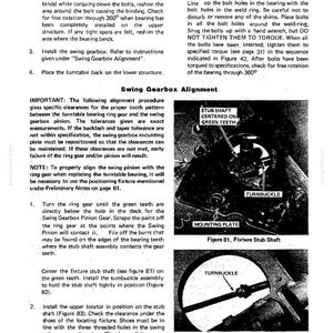 Op de afbeelding: Pagina uit een technisch handboek met diagrammen en instructies voor een mechanisch systeem. Bevat illustraties van een bevestigings-stub-as en een spanschroef, met tekst die uitlijningsprocedures en componentplaatsing beschrijft.