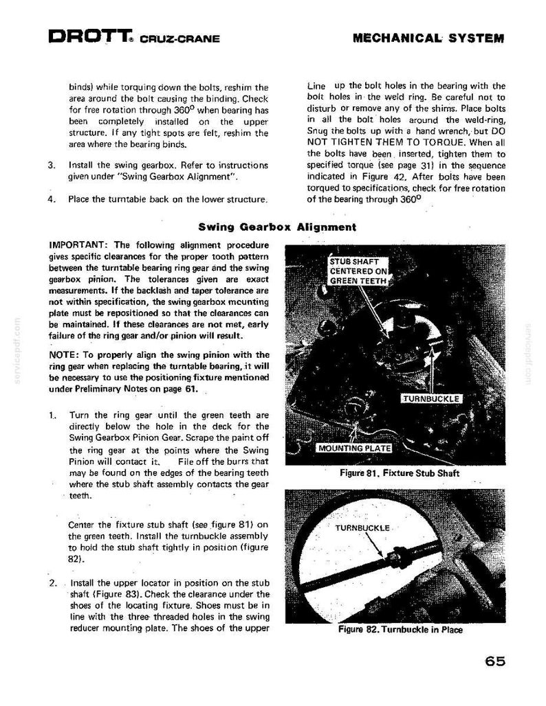 Op de afbeelding: Pagina uit een technisch handboek met diagrammen en instructies voor een mechanisch systeem. Bevat illustraties van een bevestigings-stub-as en een spanschroef, met tekst die uitlijningsprocedures en componentplaatsing beschrijft.