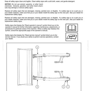 May include: A technical document page titled 2-SAFETY INFORMATION featuring text about safety signs, maintenance instructions, and two icons representing an operator's manual and a service manual, alongside a line drawing of a mechanical assembly.