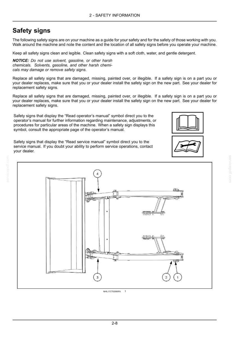 May include: A technical document page titled 2-SAFETY INFORMATION featuring text about safety signs, maintenance instructions, and two icons representing an operator's manual and a service manual, alongside a line drawing of a mechanical assembly.