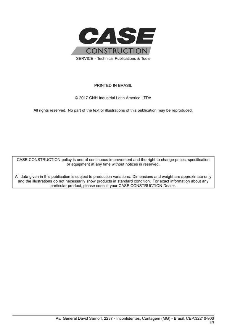 May include: A white document with the "CASE CONSTRUCTION" logo in black and gray. The text includes "SERVICE - Technical Publications & Tools" and copyright information. Printed in Brazil.