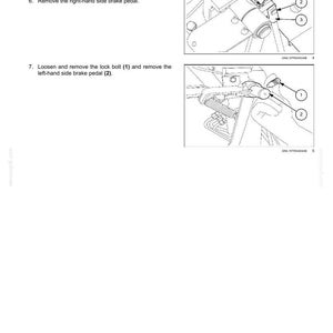 May include: Diagrams illustrating brake and control service procedures. Text instructions include removing split pins, pins, brake links, and brake pedals. The image also shows a lock bolt and brake pedal removal. The document is dated 08/01/2016.