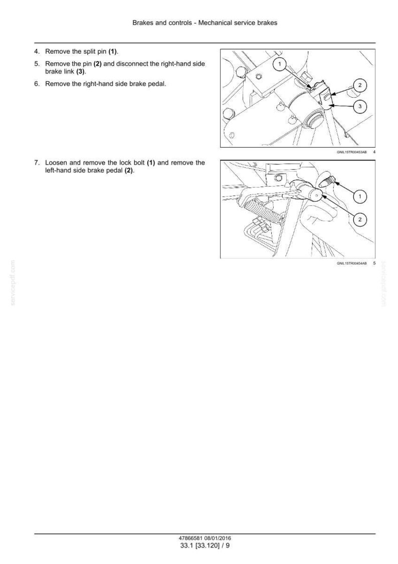 May include: Diagrams illustrating brake and control service procedures. Text instructions include removing split pins, pins, brake links, and brake pedals. The image also shows a lock bolt and brake pedal removal. The document is dated 08/01/2016.