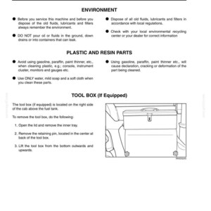 May include: A technical manual page titled 8-LUBRICATION/FILTERS/FLUIDS/MAINTENANCE. It contains instructions for environmental care, cleaning plastic and resin parts, and a diagram showing the location and removal steps for a tractor tool box.