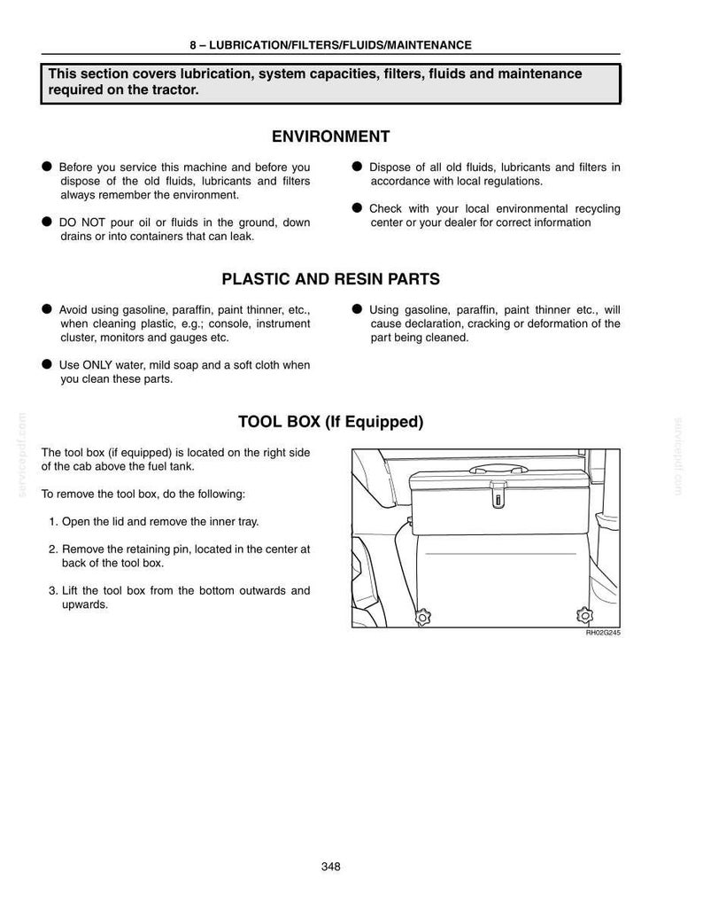 May include: A technical manual page titled 8-LUBRICATION/FILTERS/FLUIDS/MAINTENANCE. It contains instructions for environmental care, cleaning plastic and resin parts, and a diagram showing the location and removal steps for a tractor tool box.