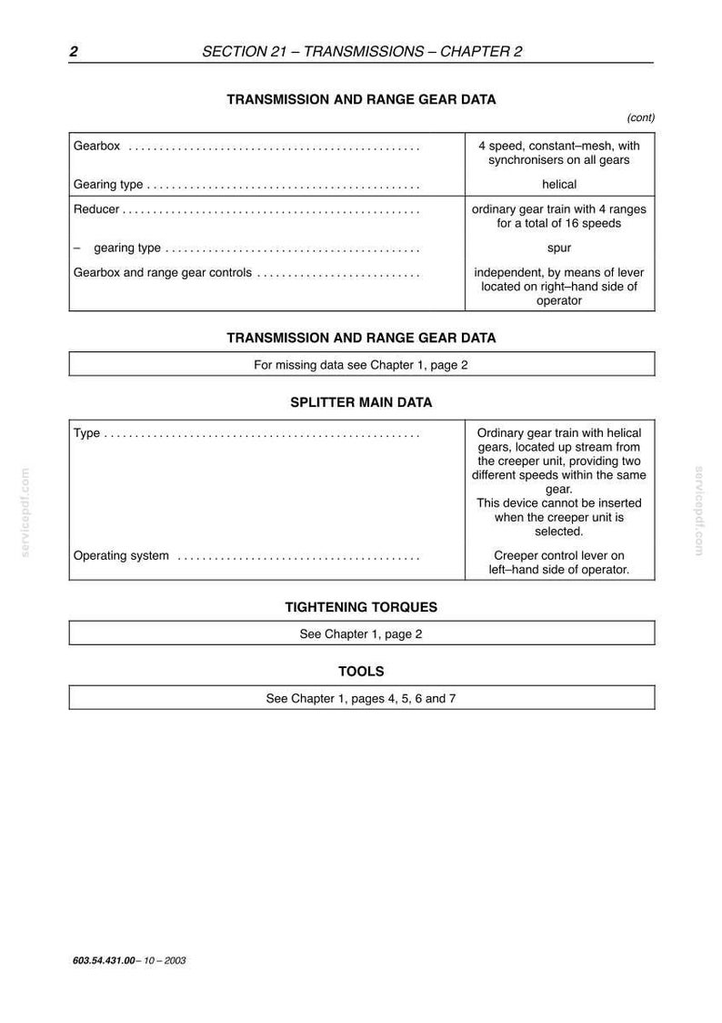 May include: A technical document page with the title "Transmission and Range Gear Data." It includes tables detailing gearbox, gearing type, and reducer specifications. The document also features information on splitter main data and tightening torques.