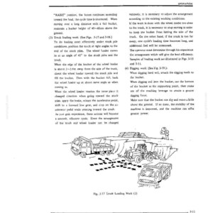 May include: A technical manual page titled OPERATION featuring black and white line art illustrations of a wheel loader and dump trucks. The text provides instructions for truck loading work, including specific angles and bucket height guidelines.