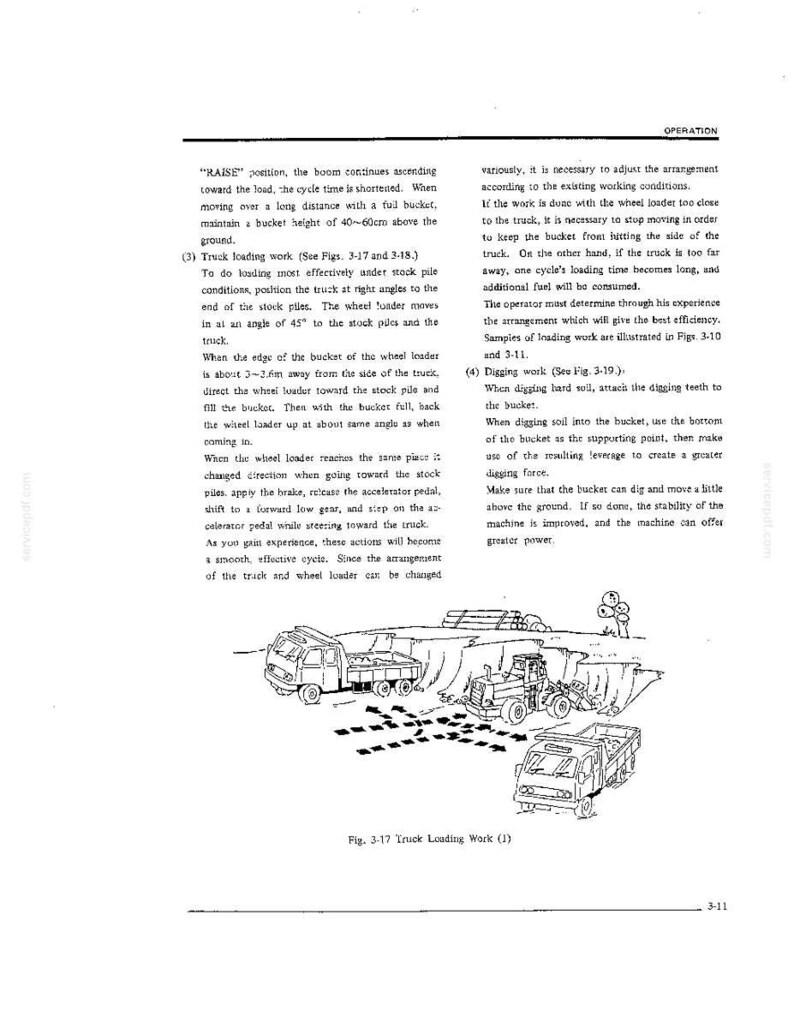 May include: A technical manual page titled OPERATION featuring black and white line art illustrations of a wheel loader and dump trucks. The text provides instructions for truck loading work, including specific angles and bucket height guidelines.