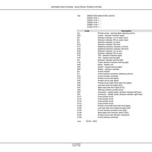 May include: Diagram of an electrical power system, detailing direction indicator lights and related components. Includes a list of codes, descriptions, and line numbers for various electrical parts.