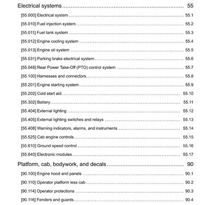 May include: A detailed page from a manual, listing various components of a machine. Sections include "Wheels," "Electrical systems," and "Platform, cab, bodywork, and decals." The document is dated 04/11/2016.