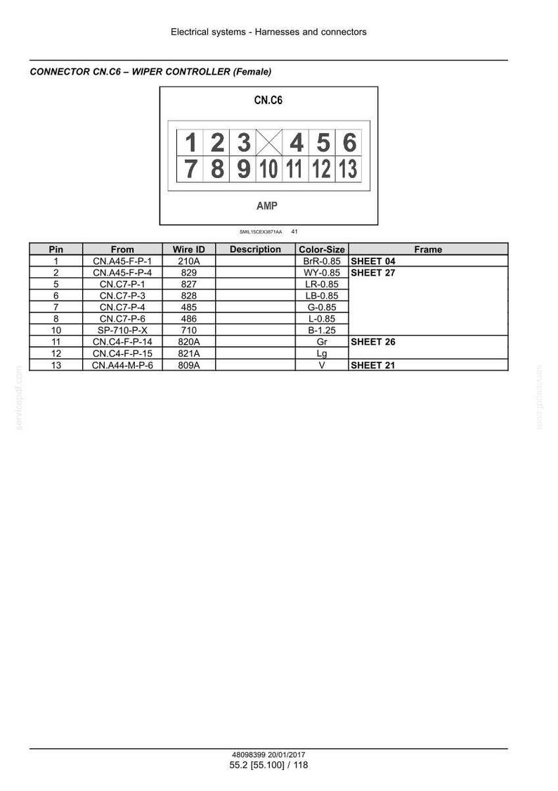 May include: Diagram of a CN.C6 wiper controller (female) connector, with a grid of 13 numbered slots. Includes a table detailing pin numbers, wire IDs, descriptions, and color-size information for electrical systems.