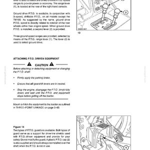 Op de afbeelding: Een pagina uit een technisch handboek getiteld FIELD OPERATION SECTION 3, met Figuur 13 die twee versnellingshendels (1 en 2) toont, en Figuur 14 met een aftakasbeschermer en dop (1). De tekst bevat instructies voor bediening en veiligheid.
