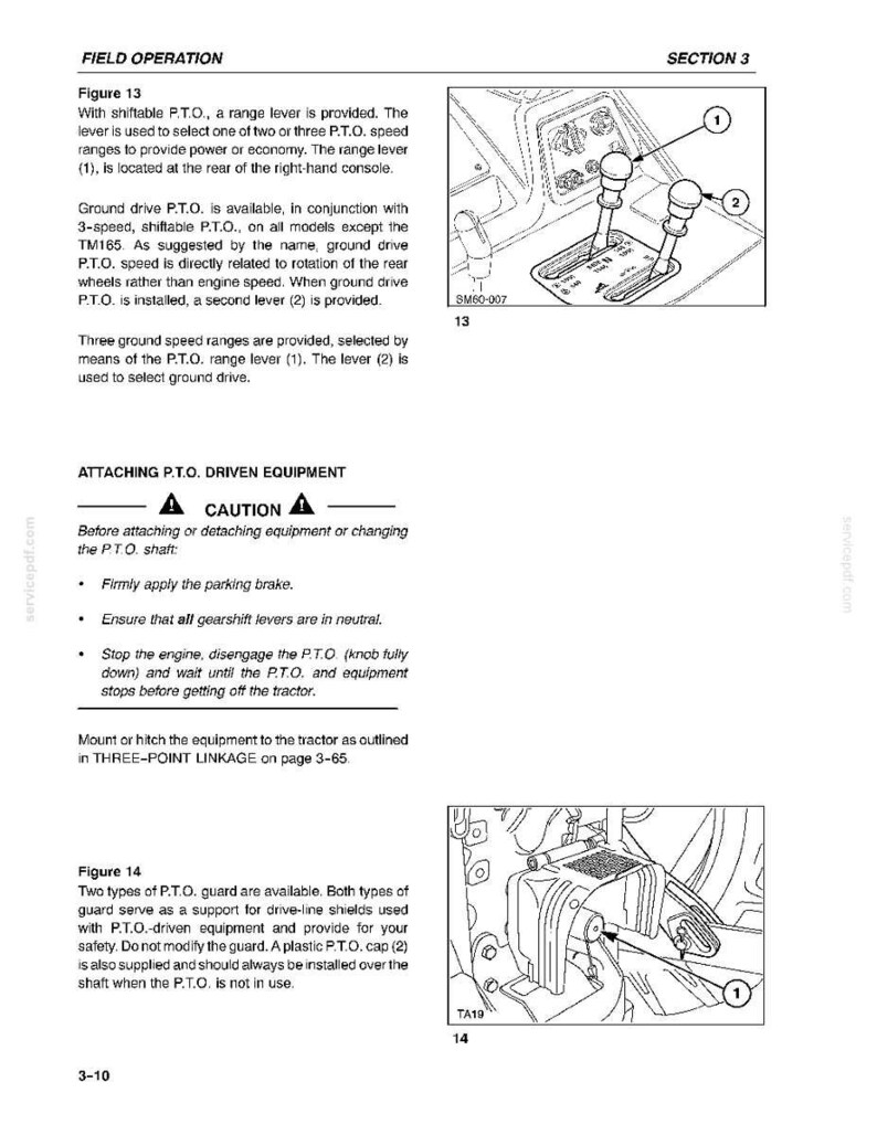 Op de afbeelding: Een pagina uit een technisch handboek getiteld FIELD OPERATION SECTION 3, met Figuur 13 die twee versnellingshendels (1 en 2) toont, en Figuur 14 met een aftakasbeschermer en dop (1). De tekst bevat instructies voor bediening en veiligheid.